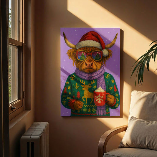Highland Cow Christmas Wall Art – Cozy Holiday Animal Canvas
