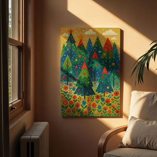 Snowy Evergreen Garden – Cozy Christmas Illustration Canvas Wall Art