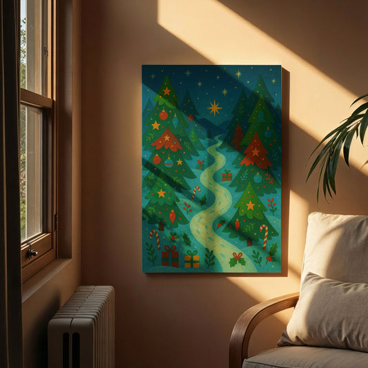 Snowy Mountain Village – Christmas Landscape Illustration Canvas Wall Art