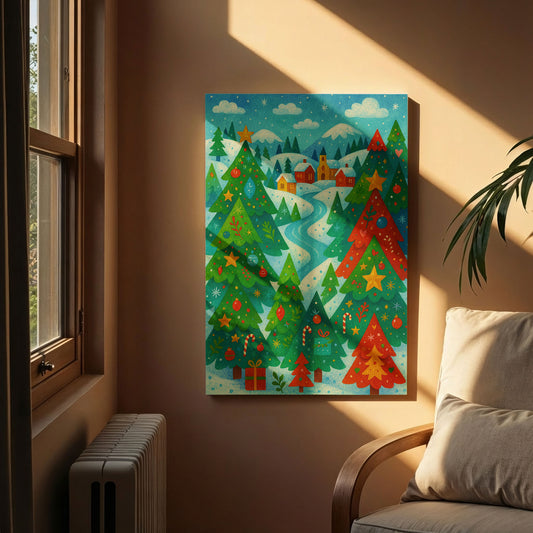 Starlit Christmas Tree – Holiday Illustration Canvas Wall Art