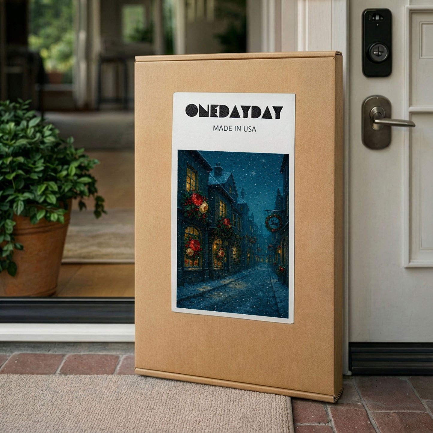 Snowy Christmas Street Canvas Wall Art – Cozy Holiday Night Scene