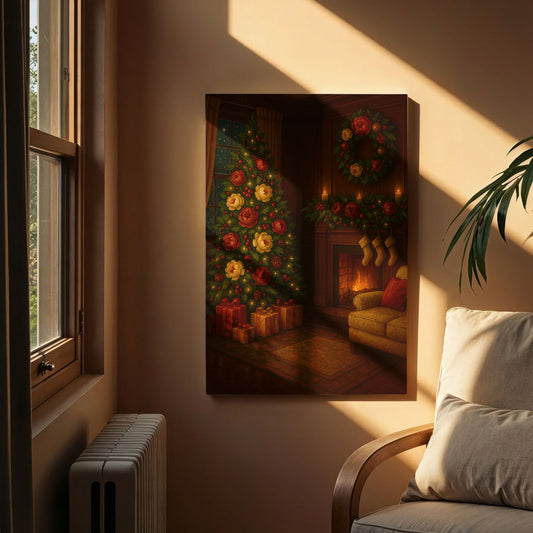 Christmas Living Room Canvas Wall Art – Cozy Holiday Interior Scene