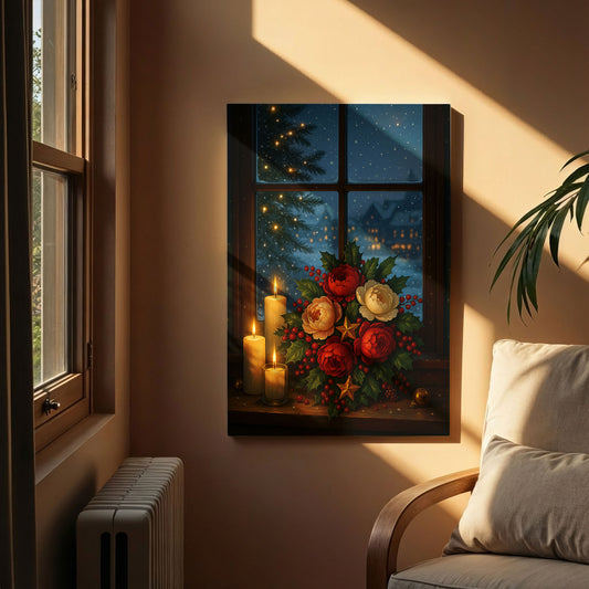 Christmas Window Canvas Wall Art – Cozy Winter Holiday Scene