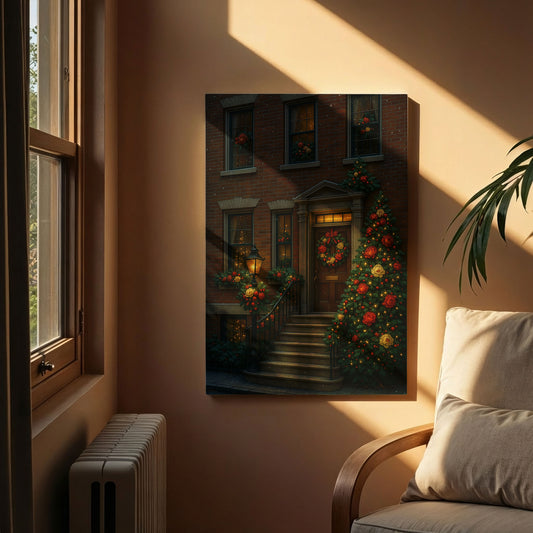Christmas Townhouse Canvas Wall Art – Elegant Holiday Exterior Scene