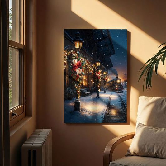 Christmas Train Station Canvas Wall Art – Winter Holiday Night Scene