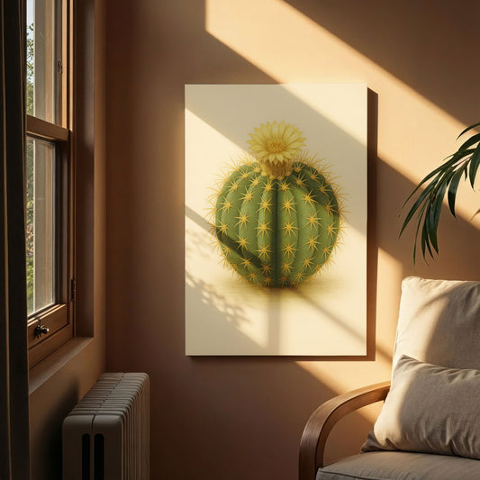 Golden Barrel Cactus Illustration - Minimalist Cactus Canvas Wall Art