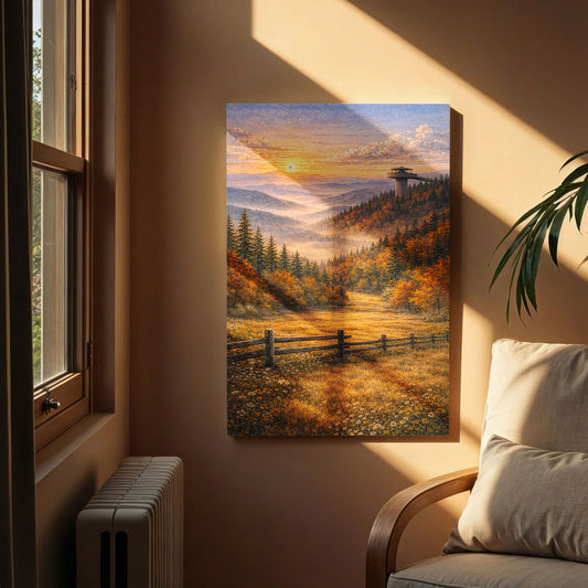 Great Smoky Mountains Canvas Art | Misty Forest Sunset Landscape Wall Decor