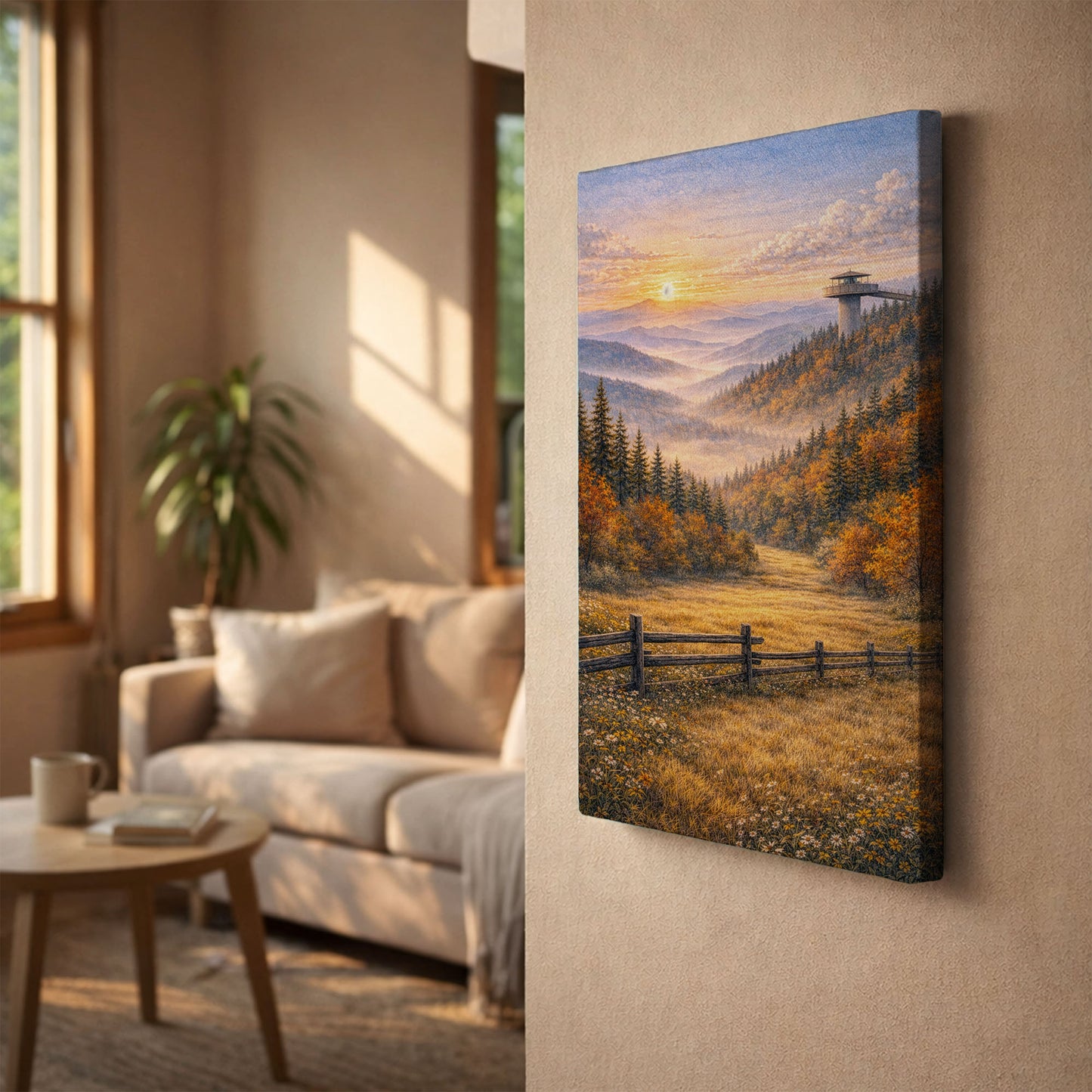 Great Smoky Mountains Canvas Art | Misty Forest Sunset Landscape Wall Decor