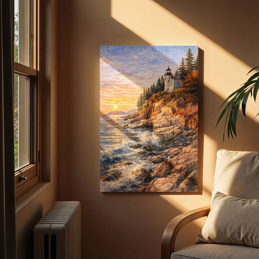 Acadia National Park Canvas Art | Coastal Lighthouse Sunset Wall Art