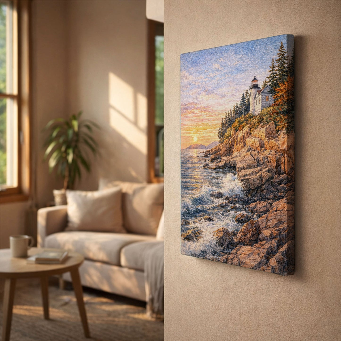 Acadia National Park Canvas Art | Coastal Lighthouse Sunset Wall Art