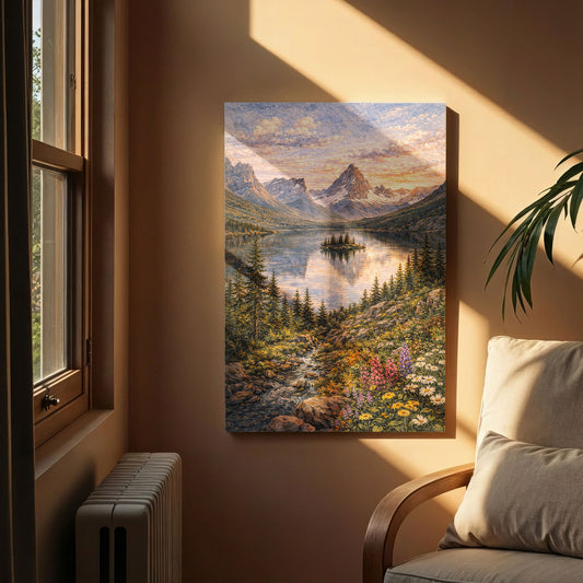 Glacier National Park Canvas Art | Mountain Lake & Wildflower Landscape Wall Decor