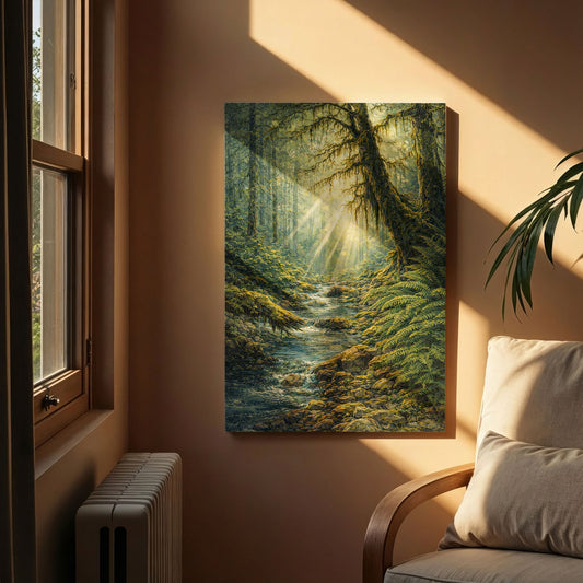 Olympic National Park Canvas Art | Lush Mossy Forest Stream Wall Art