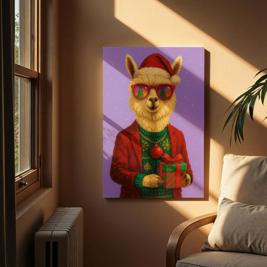 Christmas Alpaca Wall Art – Festive Holiday Animal Canvas