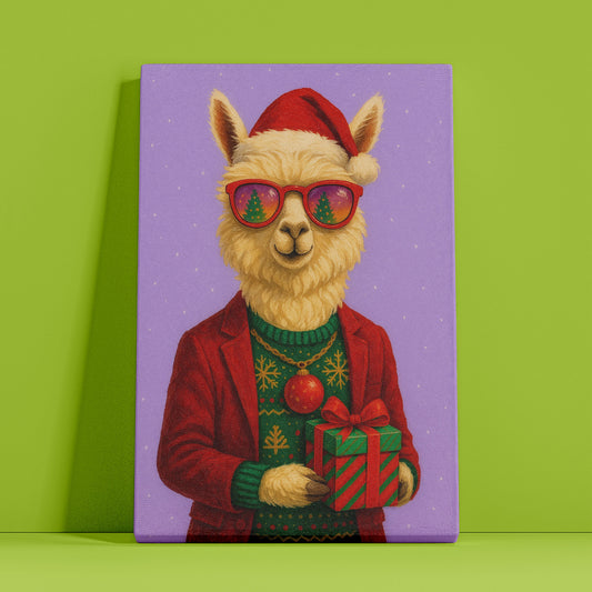 Christmas Alpaca Wall Art – Festive Holiday Animal Canvas