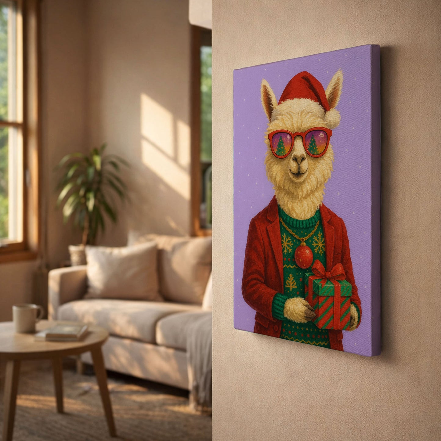 Christmas Alpaca Wall Art – Festive Holiday Animal Canvas