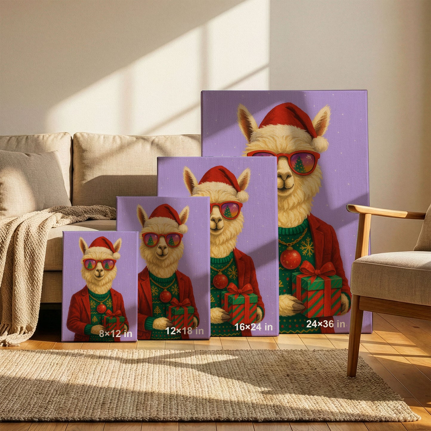 Christmas Alpaca Wall Art – Festive Holiday Animal Canvas