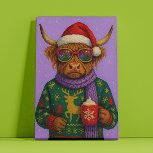 Highland Cow Christmas Wall Art – Cozy Holiday Animal Canvas