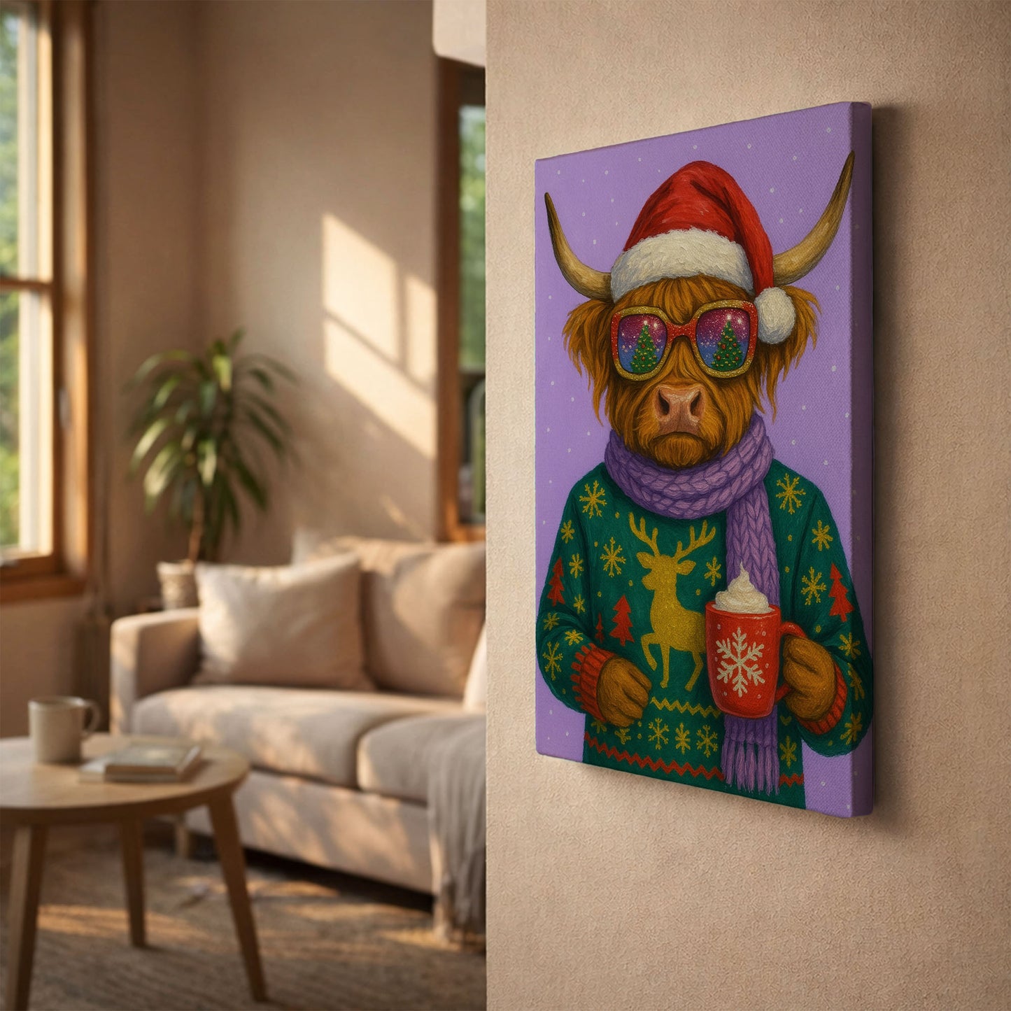 Highland Cow Christmas Wall Art – Cozy Holiday Animal Canvas