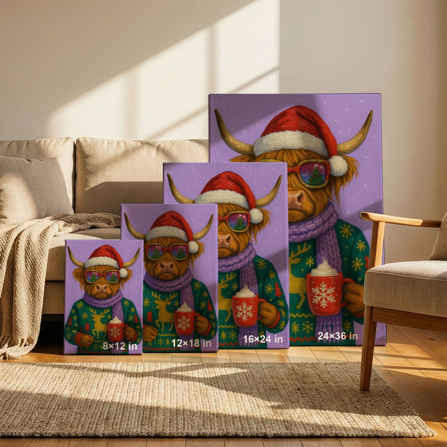 Highland Cow Christmas Wall Art – Cozy Holiday Animal Canvas