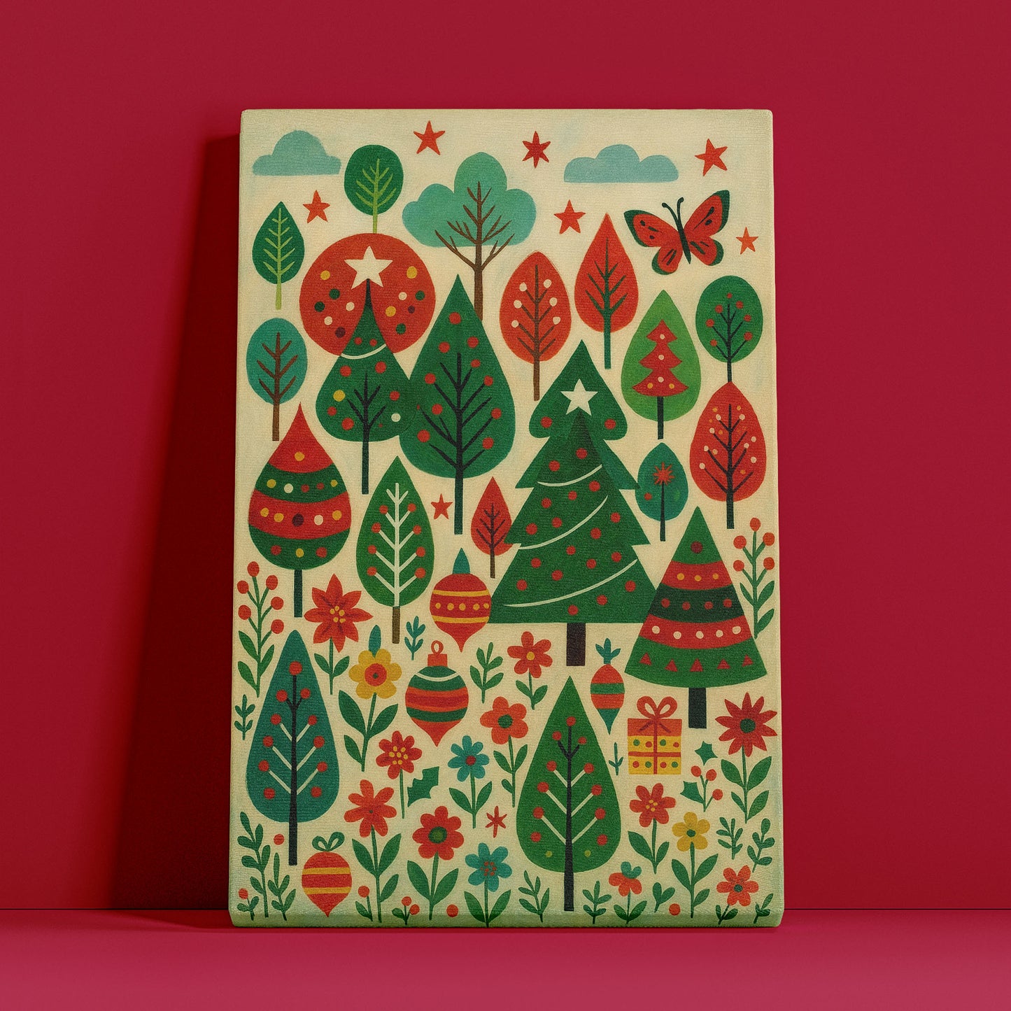 Festive Woodland – Christmas Forest Illustration Canvas Wall Art