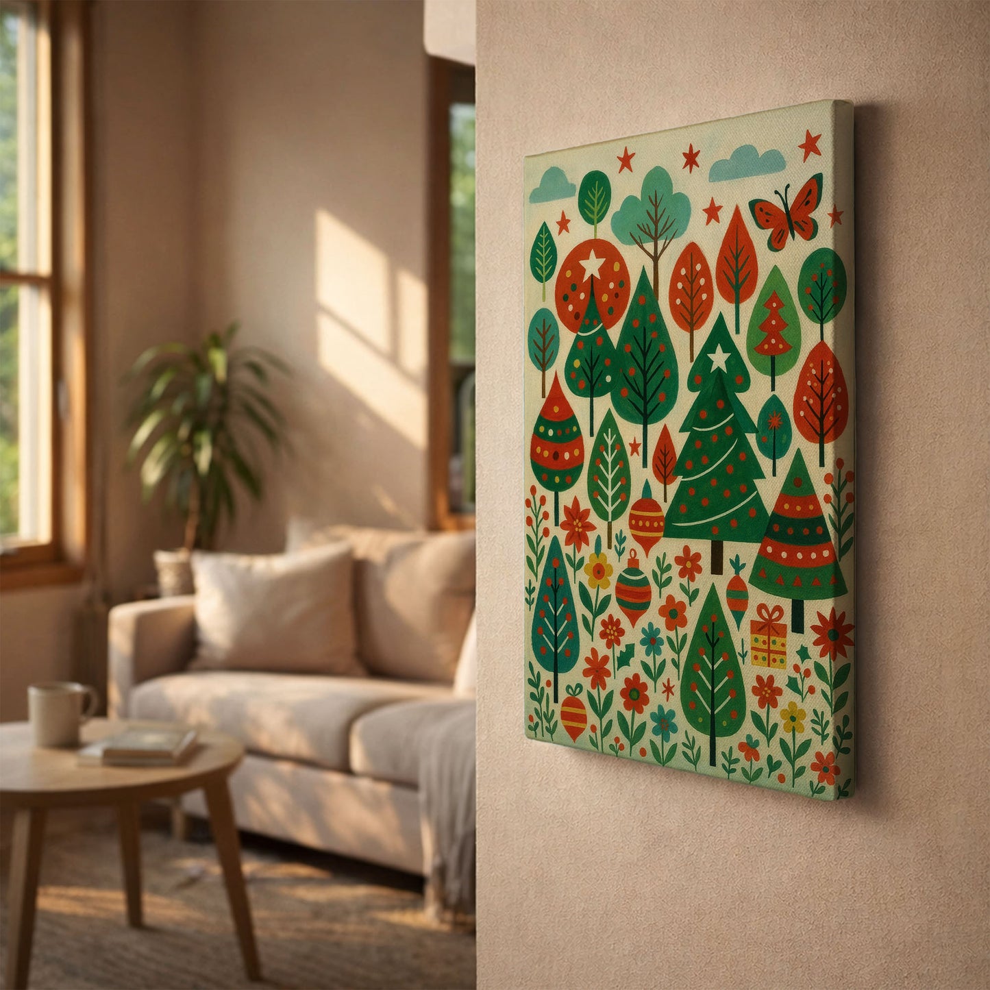 Festive Woodland – Christmas Forest Illustration Canvas Wall Art