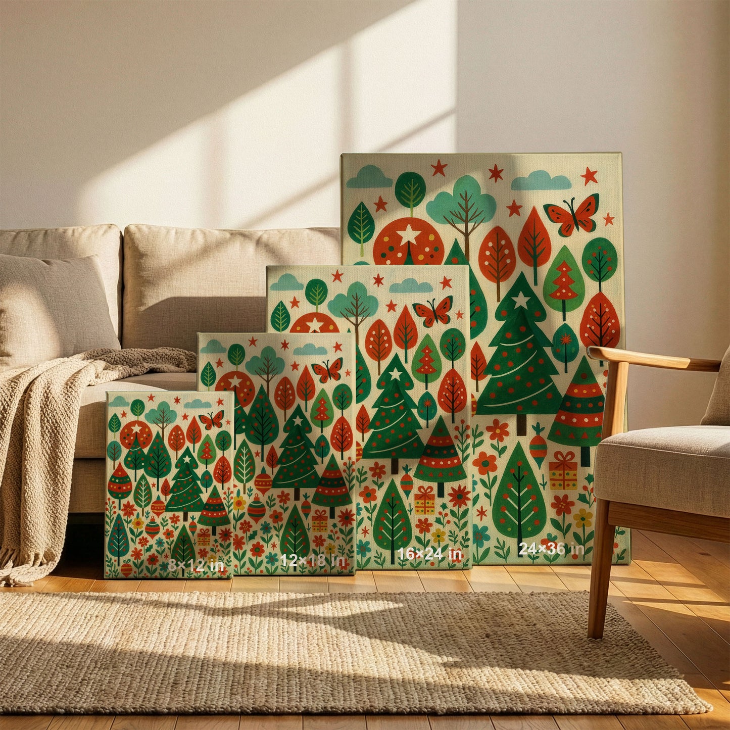 Festive Woodland – Christmas Forest Illustration Canvas Wall Art