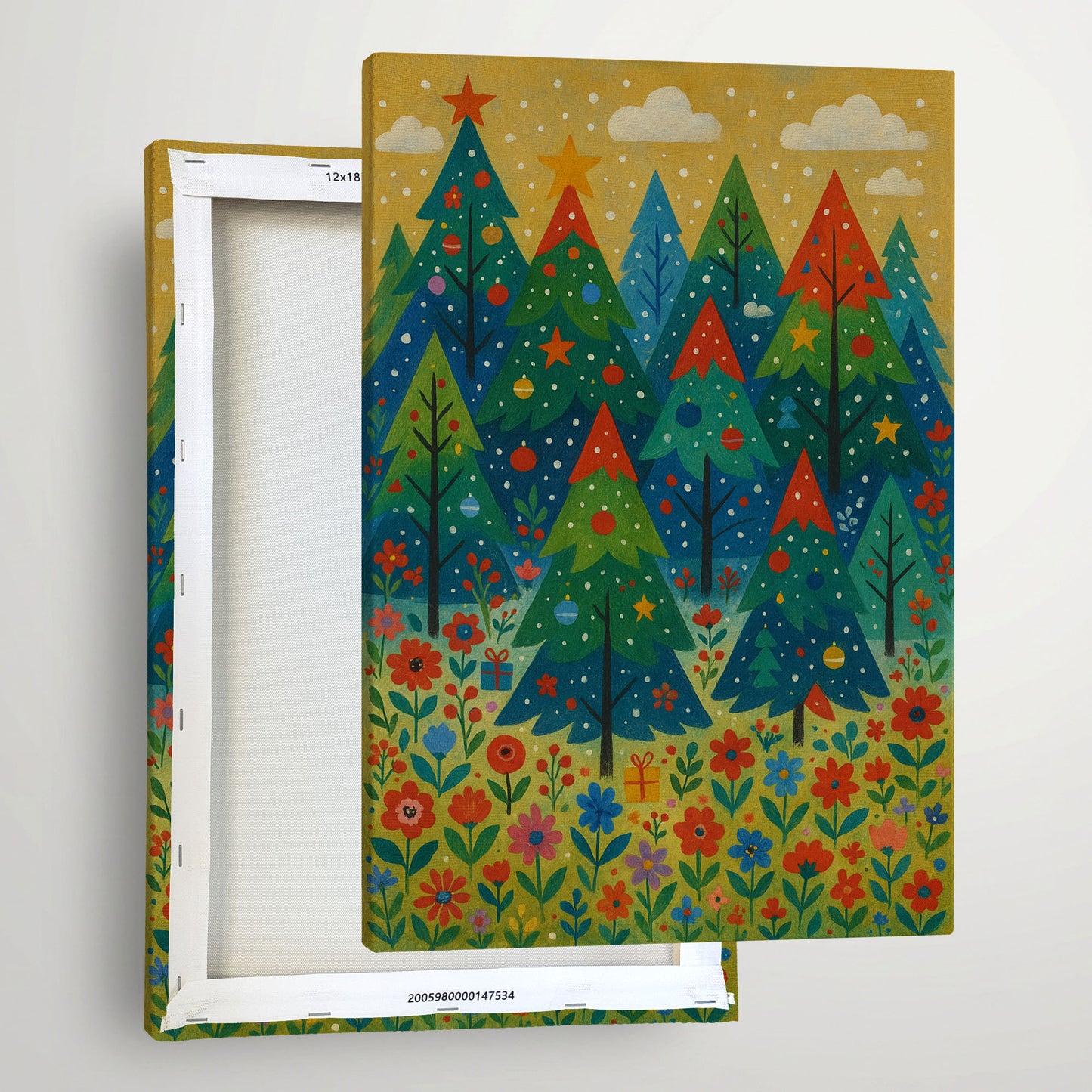 Snowy Evergreen Garden – Cozy Christmas Illustration Canvas Wall Art