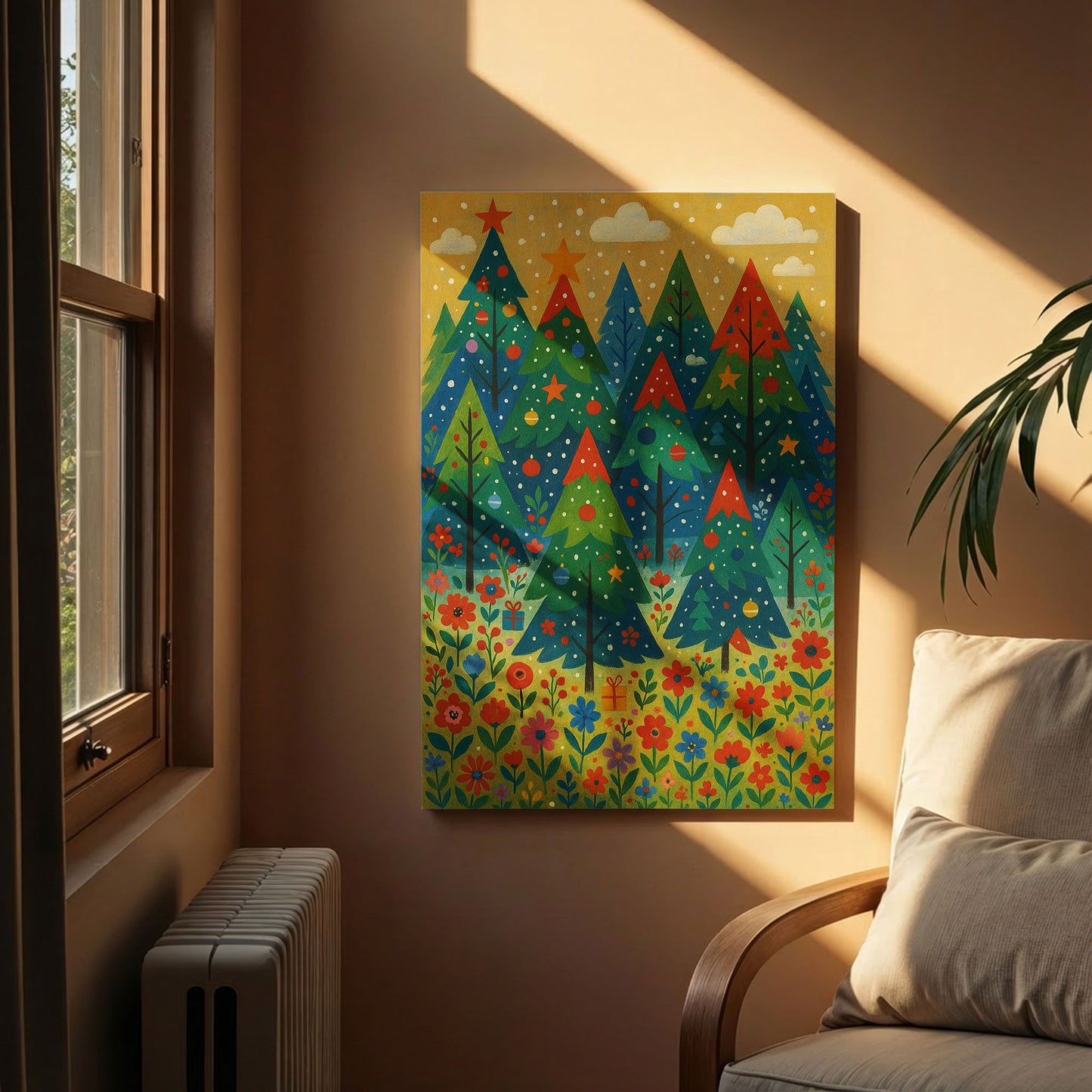 Snowy Evergreen Garden – Cozy Christmas Illustration Canvas Wall Art