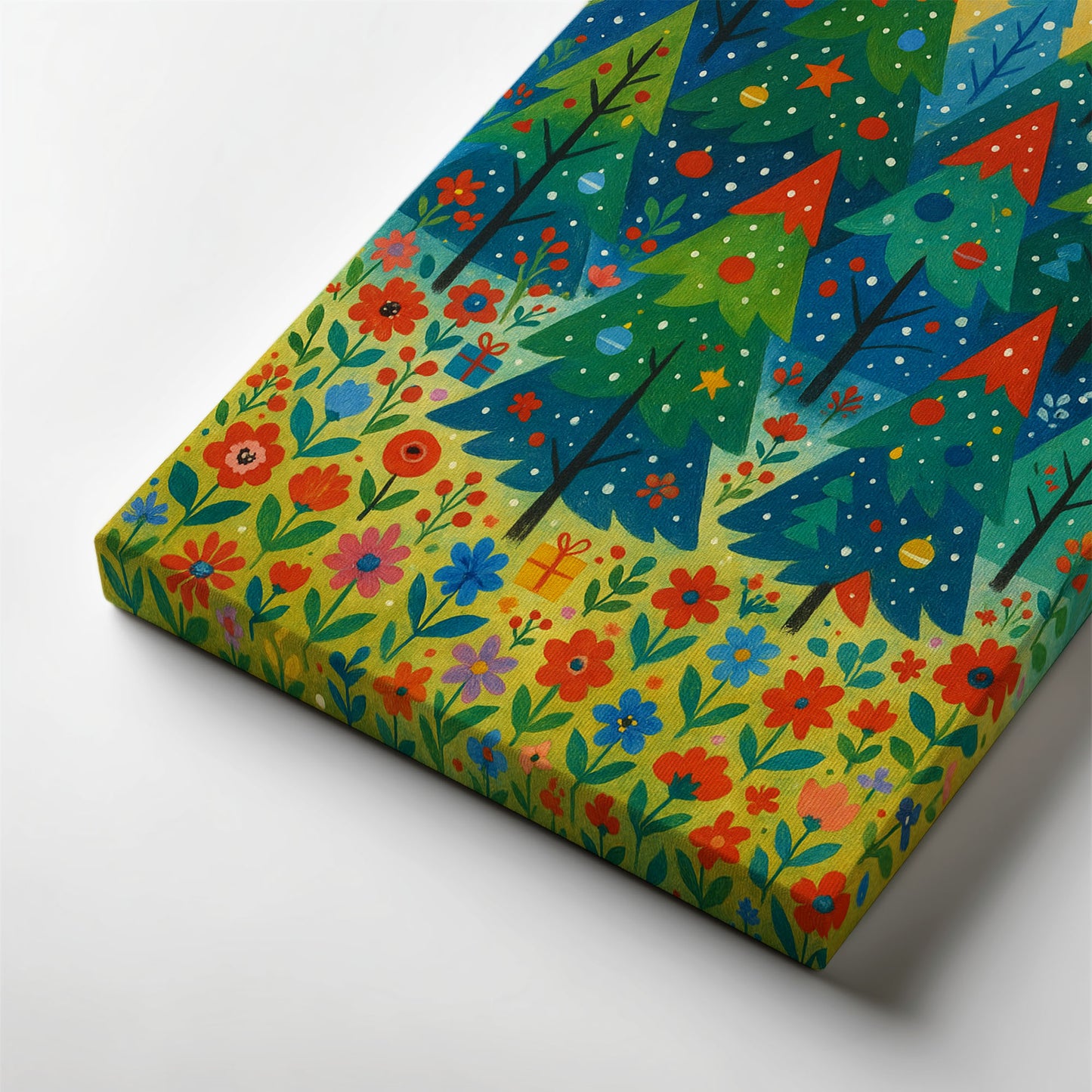 Snowy Evergreen Garden – Cozy Christmas Illustration Canvas Wall Art