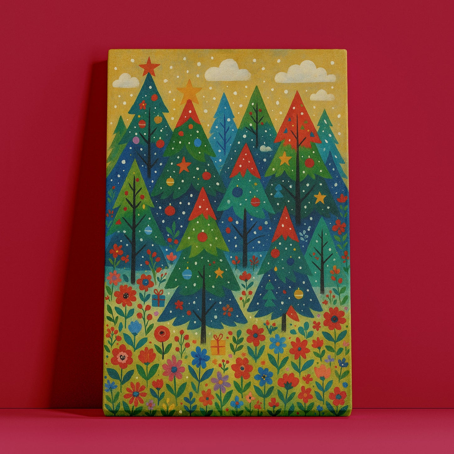 Snowy Evergreen Garden – Cozy Christmas Illustration Canvas Wall Art
