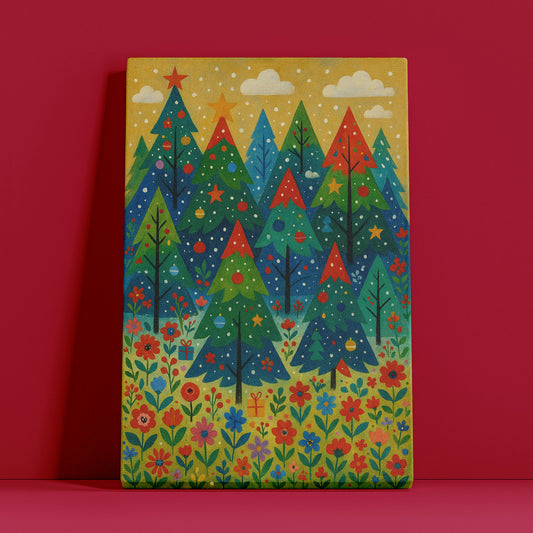 Snowy Evergreen Garden – Cozy Christmas Illustration Canvas Wall Art