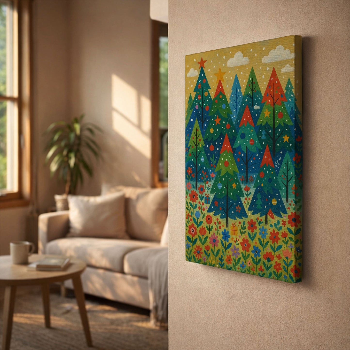Snowy Evergreen Garden – Cozy Christmas Illustration Canvas Wall Art