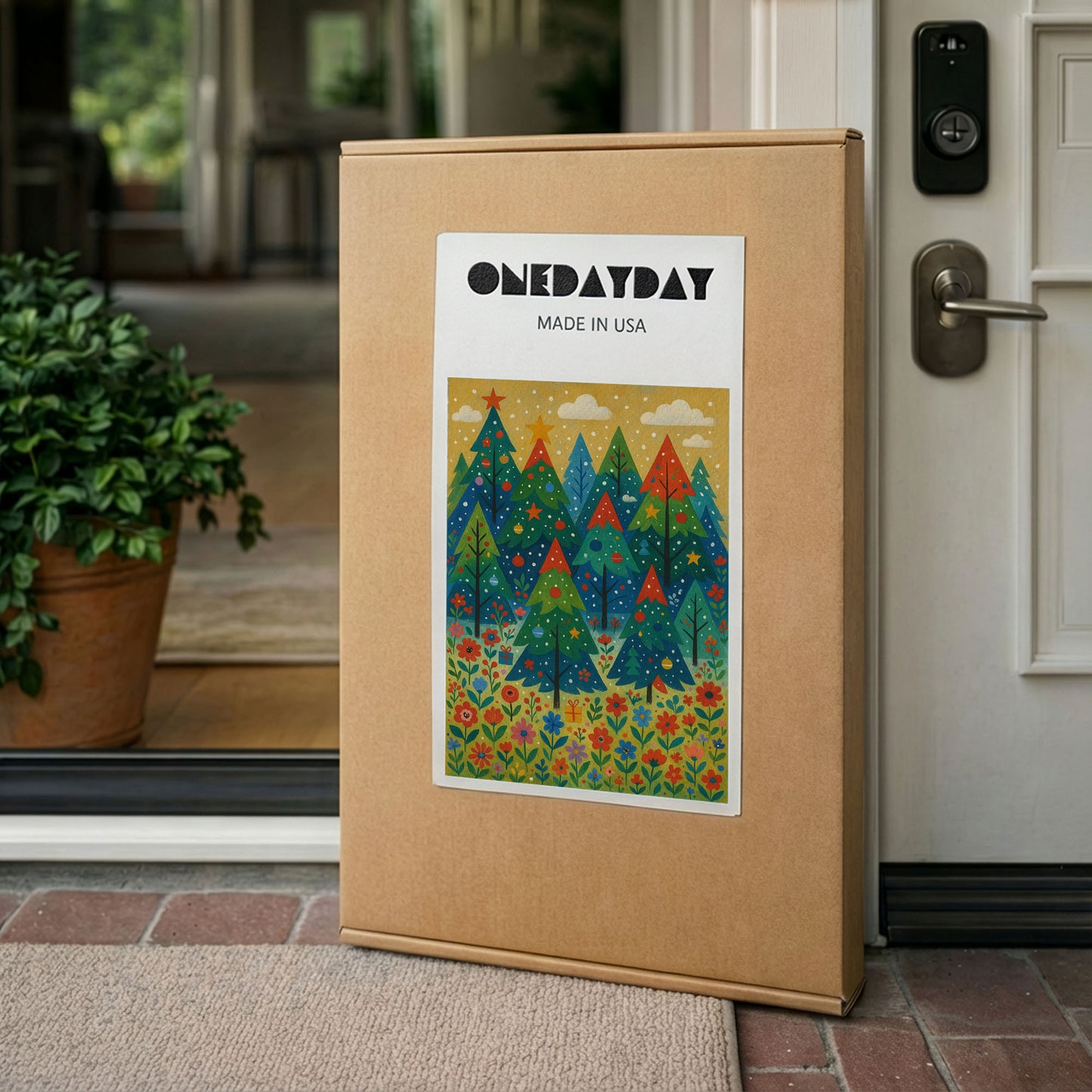 Snowy Evergreen Garden – Cozy Christmas Illustration Canvas Wall Art