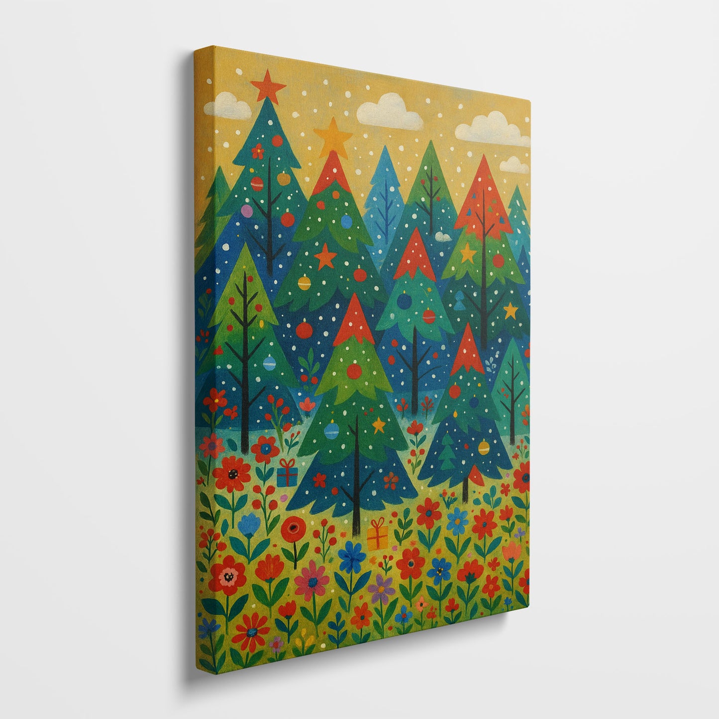 Snowy Evergreen Garden – Cozy Christmas Illustration Canvas Wall Art