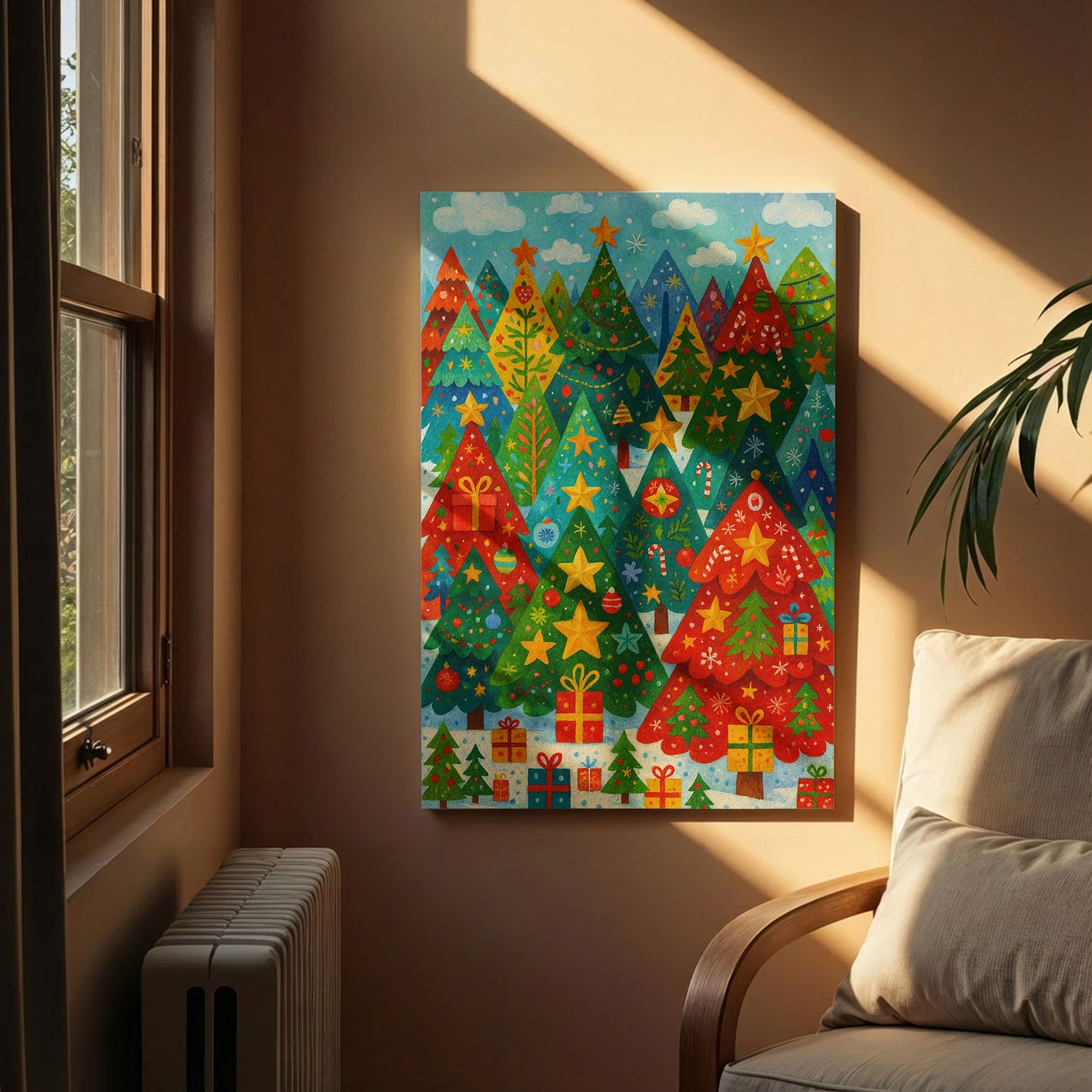 Starry Holiday Hills – Christmas Tree Illustration Canvas Wall Art