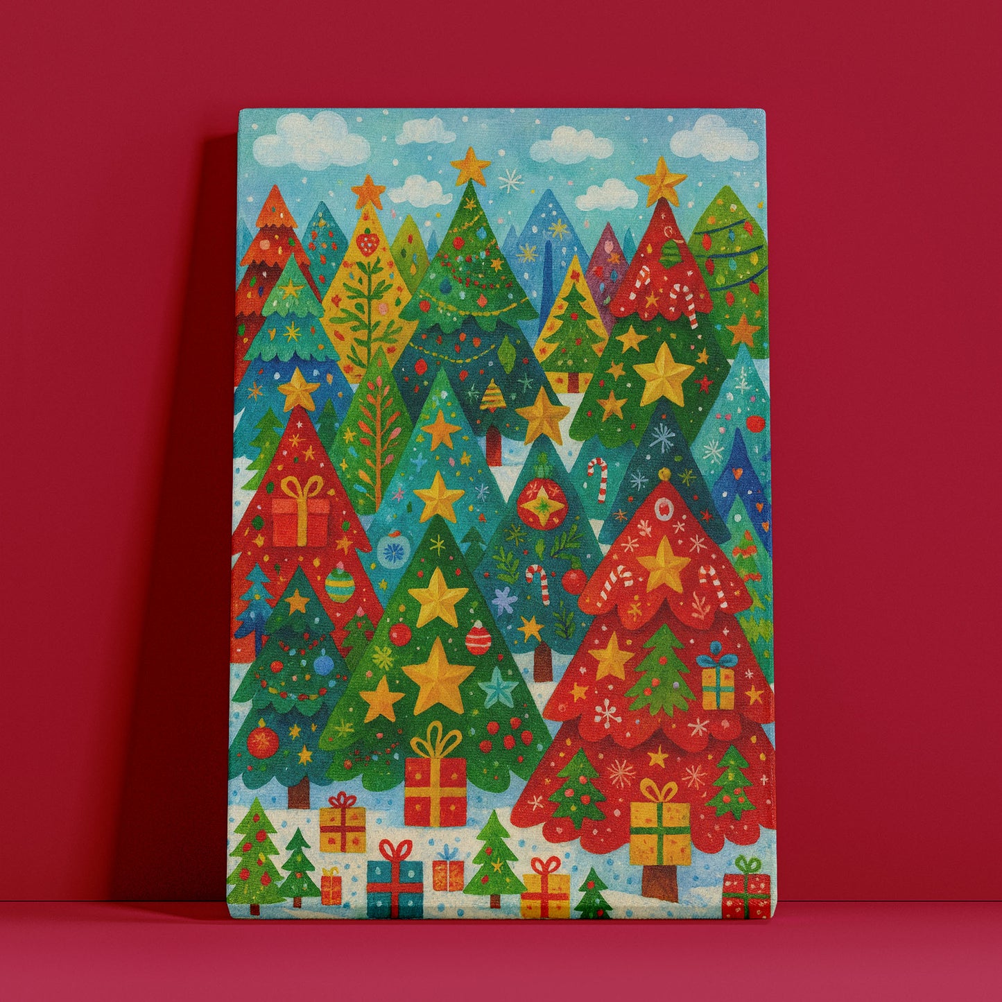 Starry Holiday Hills – Christmas Tree Illustration Canvas Wall Art