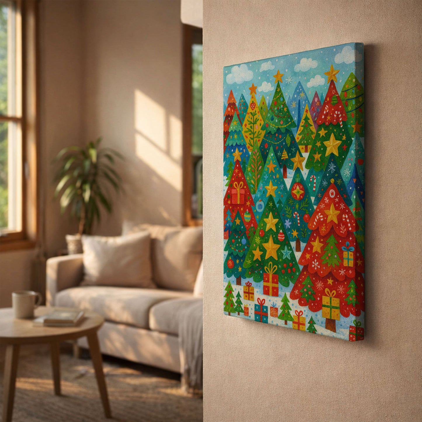 Starry Holiday Hills – Christmas Tree Illustration Canvas Wall Art