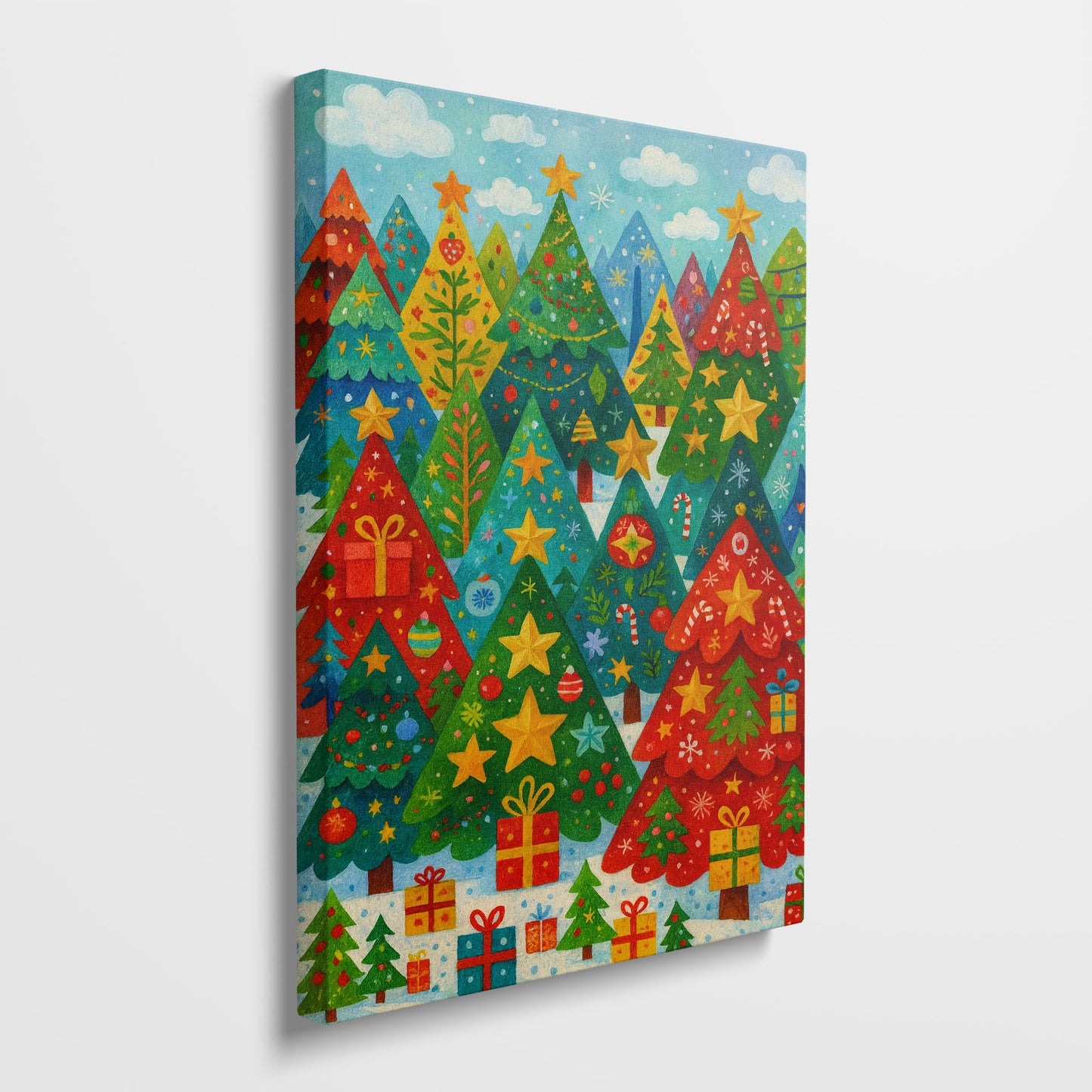 Starry Holiday Hills – Christmas Tree Illustration Canvas Wall Art