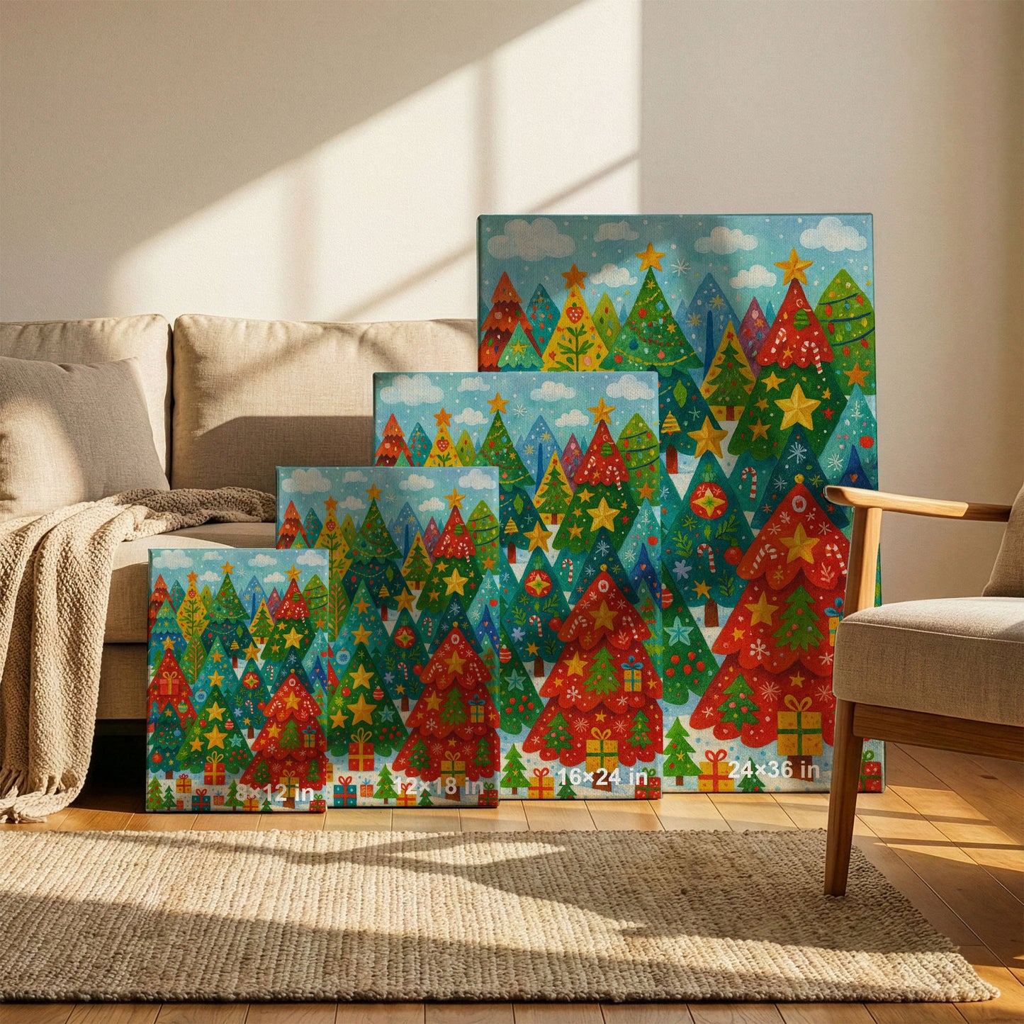 Starry Holiday Hills – Christmas Tree Illustration Canvas Wall Art