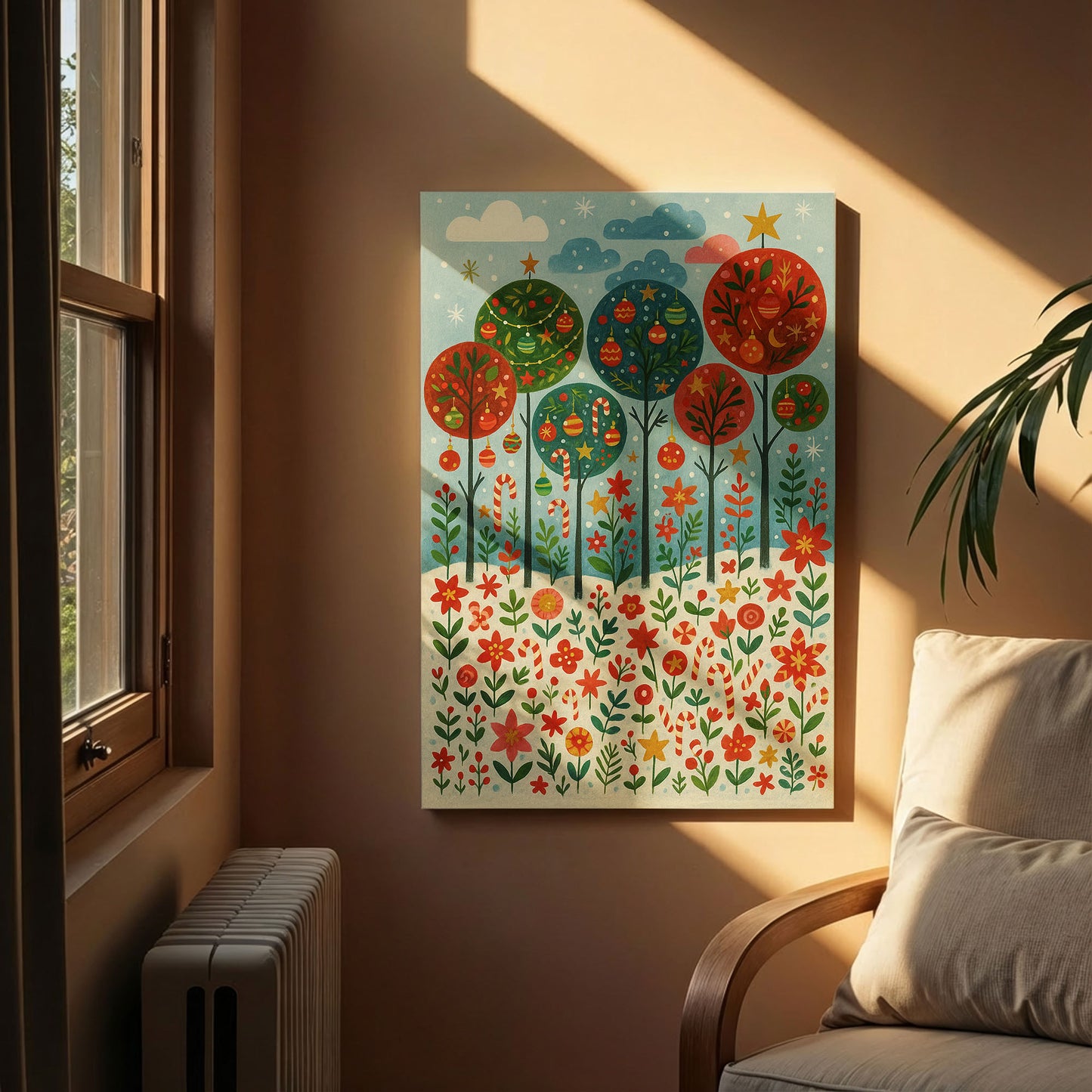 Winter Night Village – Christmas Illustration Canvas Wall Art