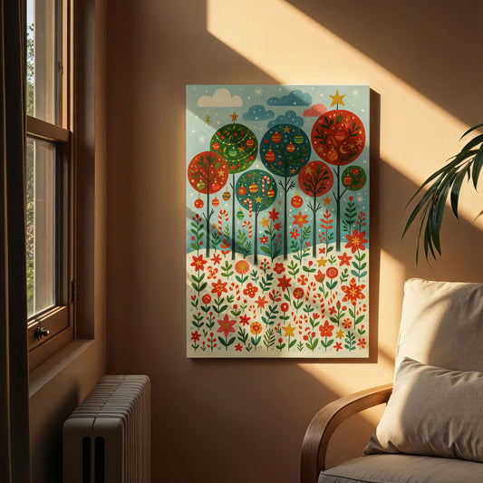 Winter Night Village – Christmas Illustration Canvas Wall Art