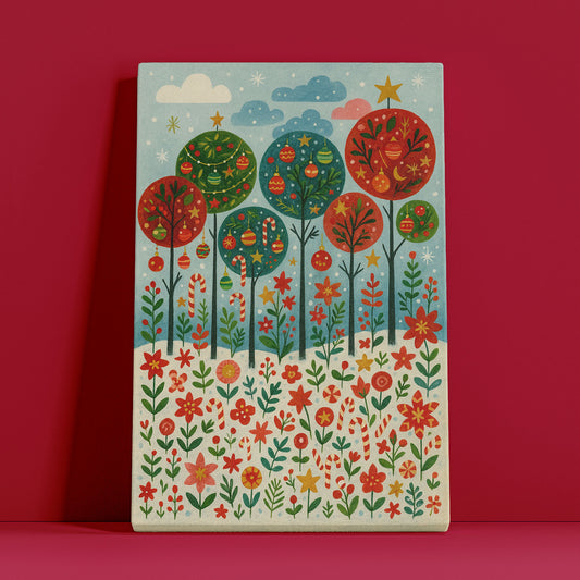 Winter Night Village – Christmas Illustration Canvas Wall Art