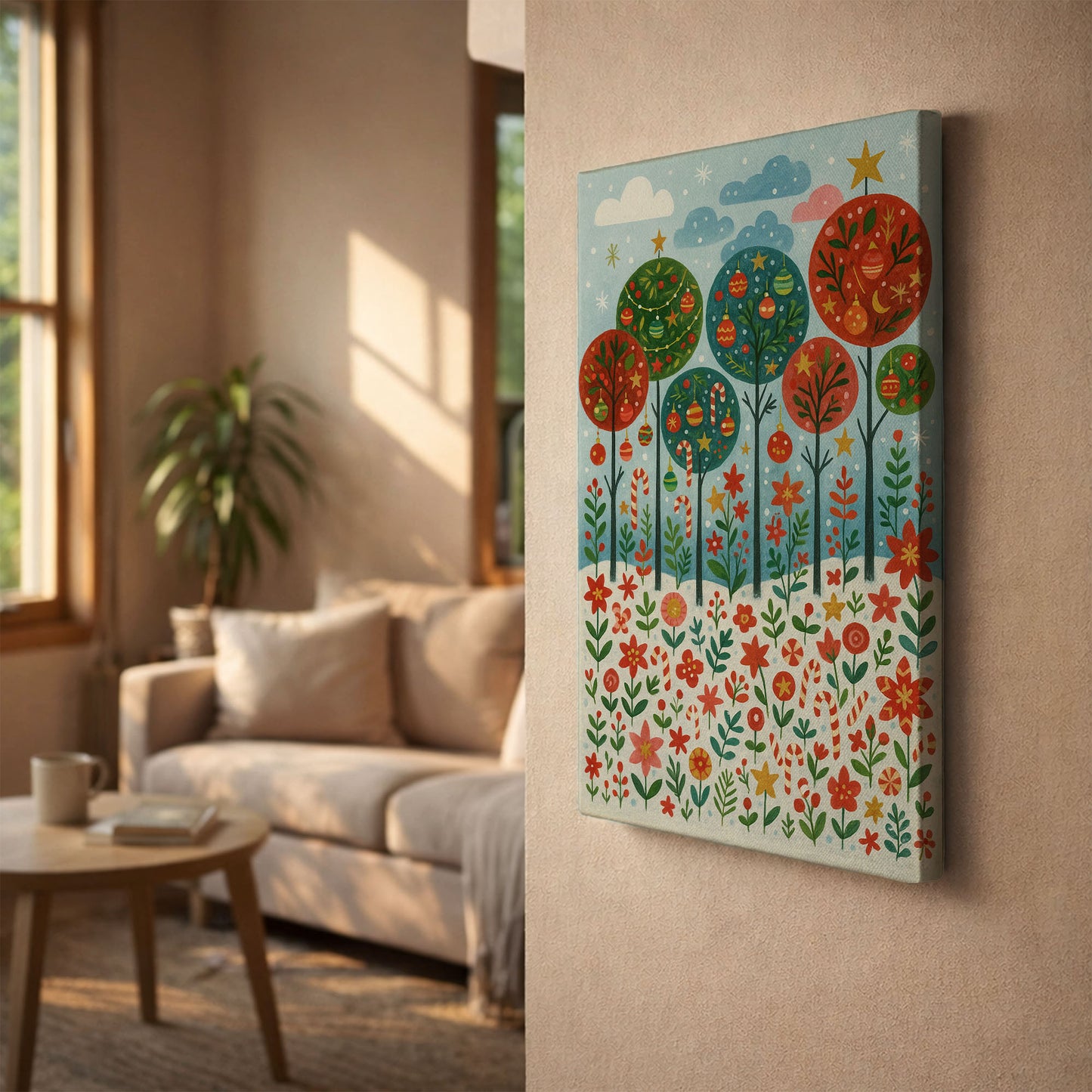 Winter Night Village – Christmas Illustration Canvas Wall Art