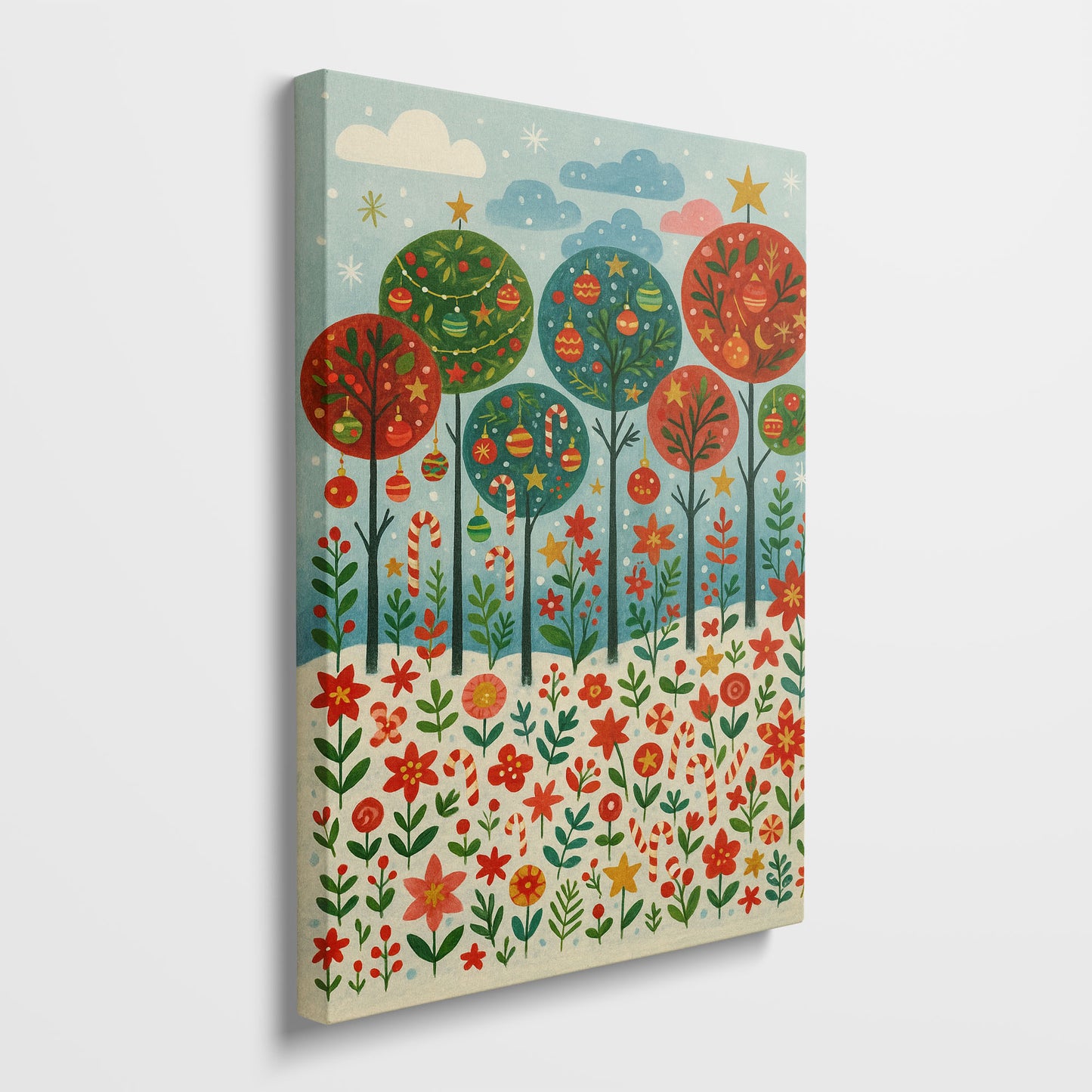 Winter Night Village – Christmas Illustration Canvas Wall Art