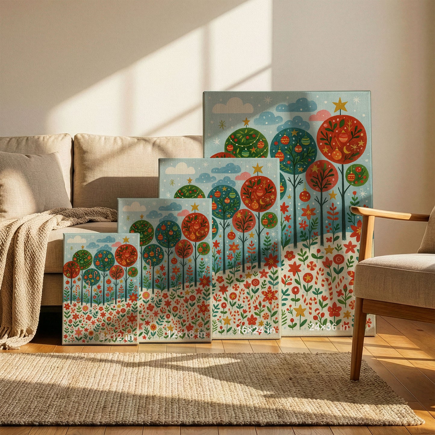 Winter Night Village – Christmas Illustration Canvas Wall Art