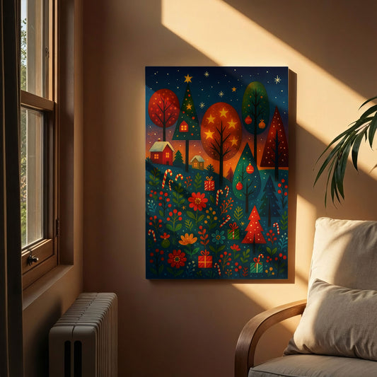 Holiday River Path – Cozy Christmas Illustration Canvas Wall Art