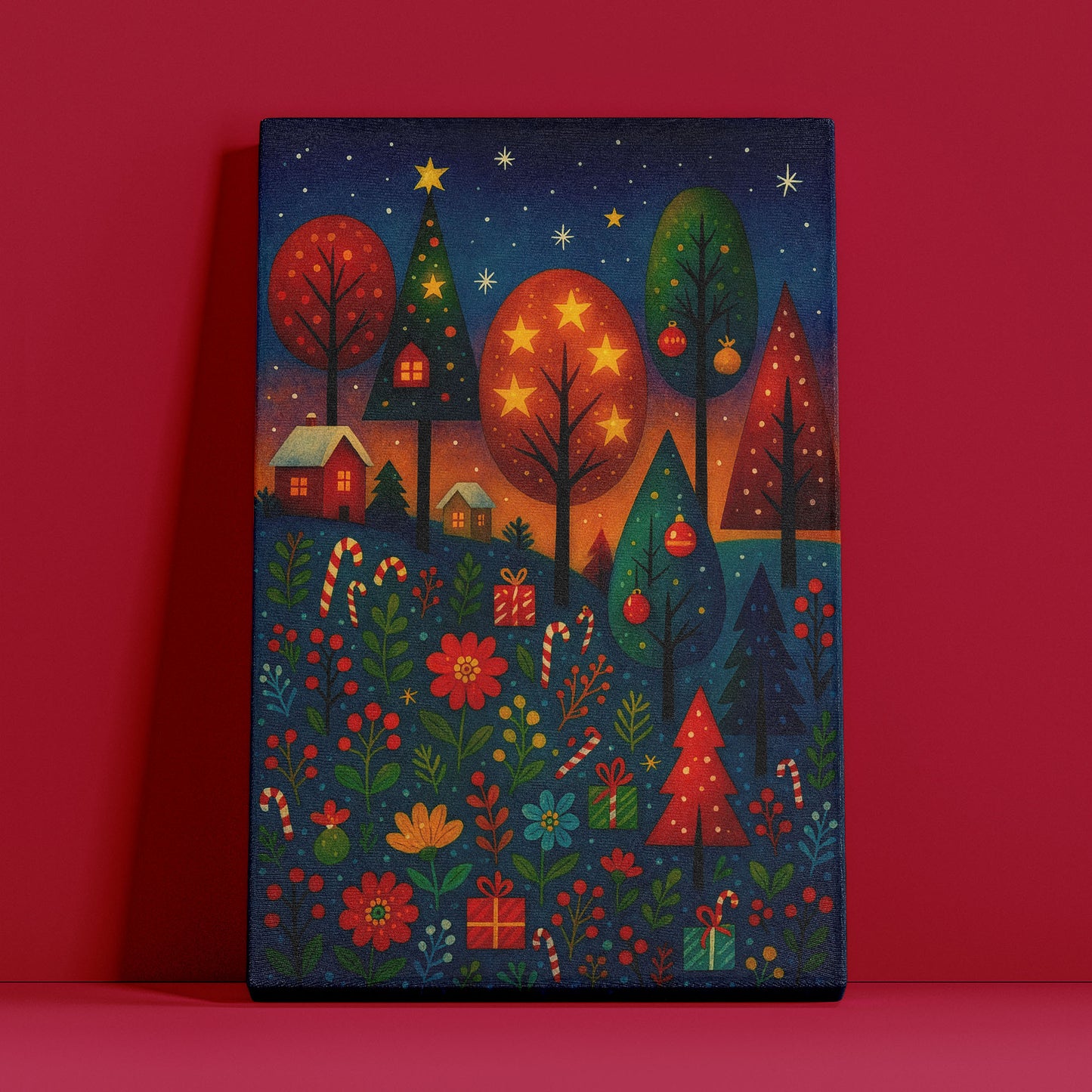Holiday River Path – Cozy Christmas Illustration Canvas Wall Art