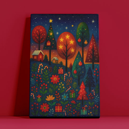 Holiday River Path – Cozy Christmas Illustration Canvas Wall Art