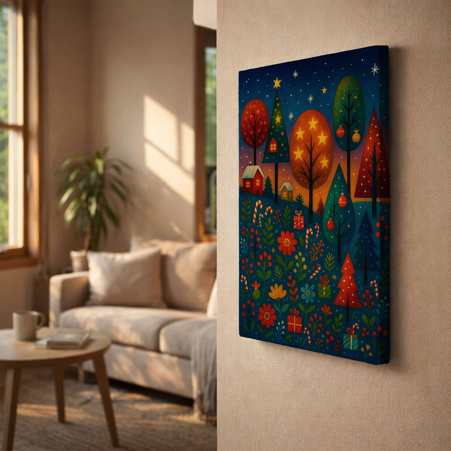 Holiday River Path – Cozy Christmas Illustration Canvas Wall Art