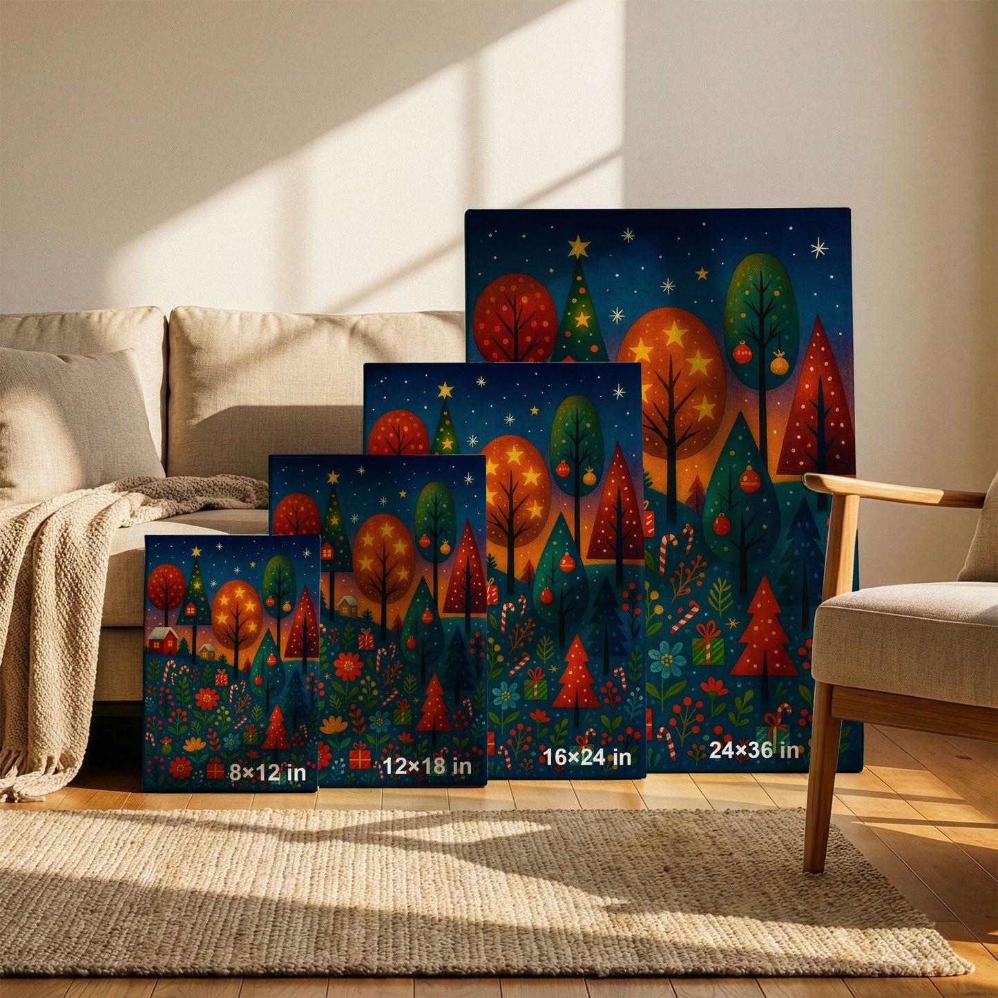 Holiday River Path – Cozy Christmas Illustration Canvas Wall Art